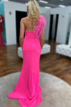 Mermaid One Shoulder Hot Pink Long Formal Dress with Feathers