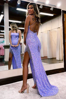 Sparkly Spaghetti Straps Lilac Sequins Long Formal Dress