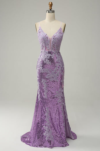 Lavender Sequin Mermaid Formal Dress with Appliques