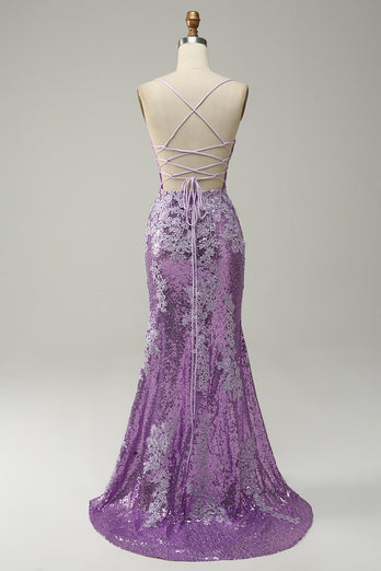 Lavender Sequin Mermaid Formal Dress with Appliques