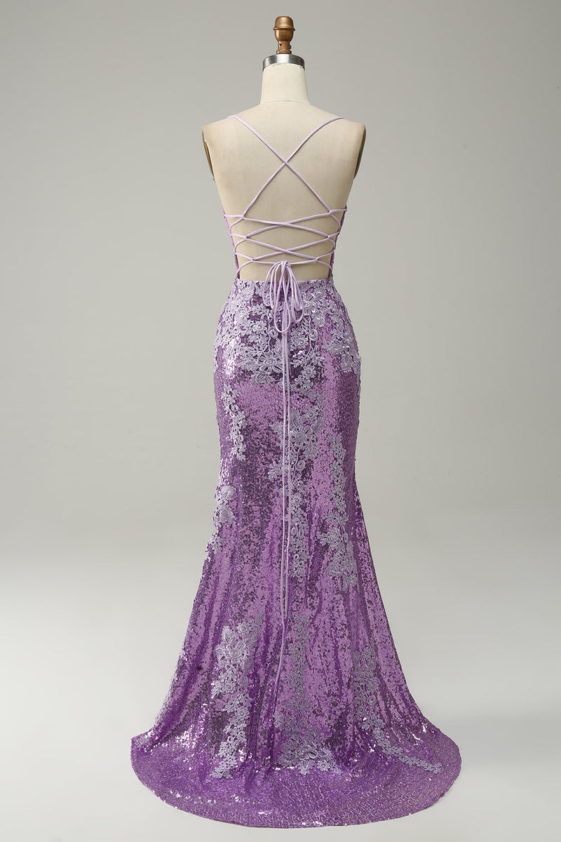 Load image into Gallery viewer, Lavender Sequin Mermaid Formal Dress with Appliques