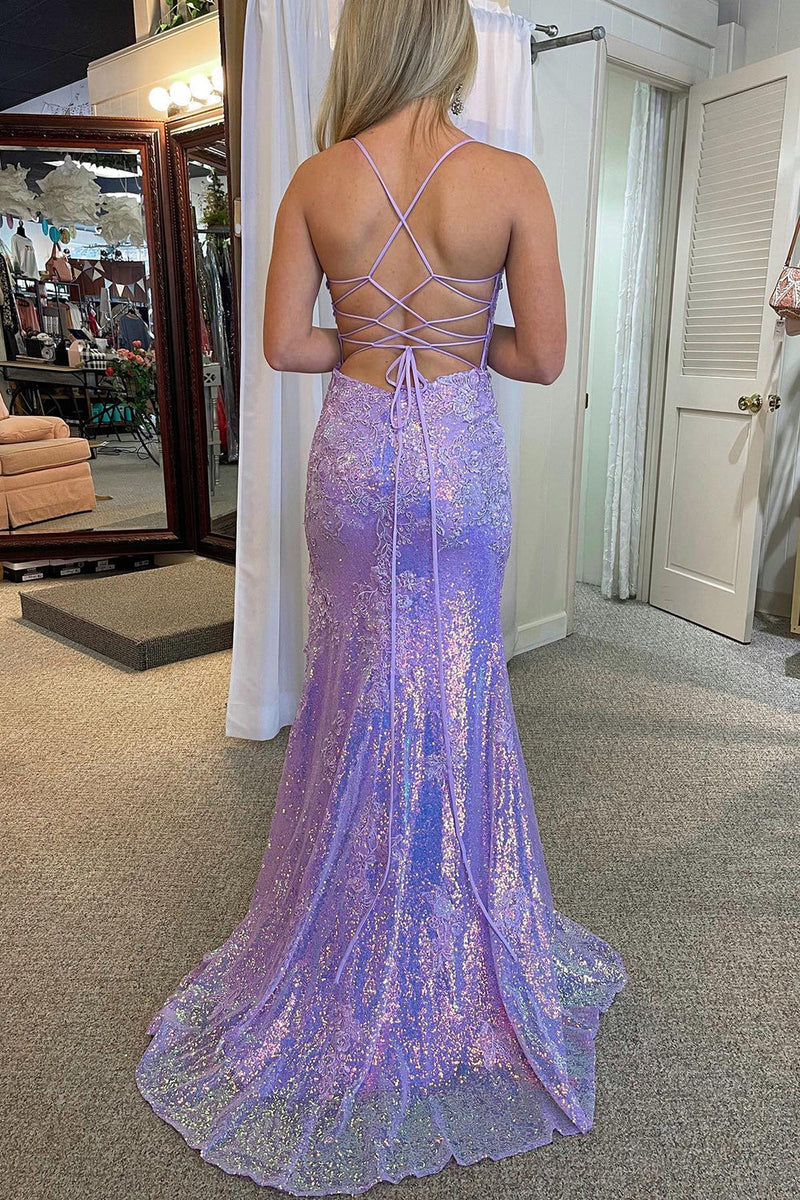 Load image into Gallery viewer, Lavender Sequin Mermaid Formal Dress with Appliques