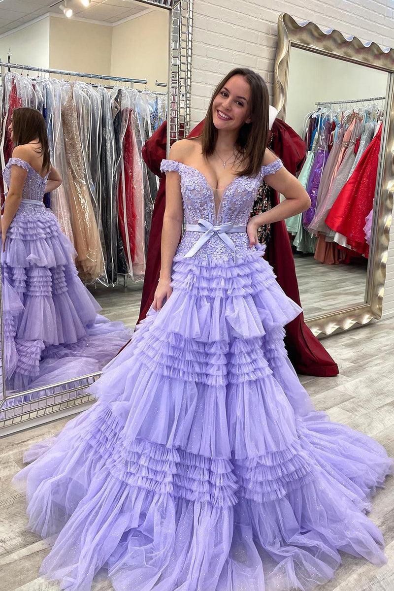 Load image into Gallery viewer, Lavender Off Shoulder Tiered Formal Dress with Lace