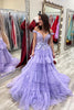 Load image into Gallery viewer, Lavender Off Shoulder Tiered Formal Dress with Lace