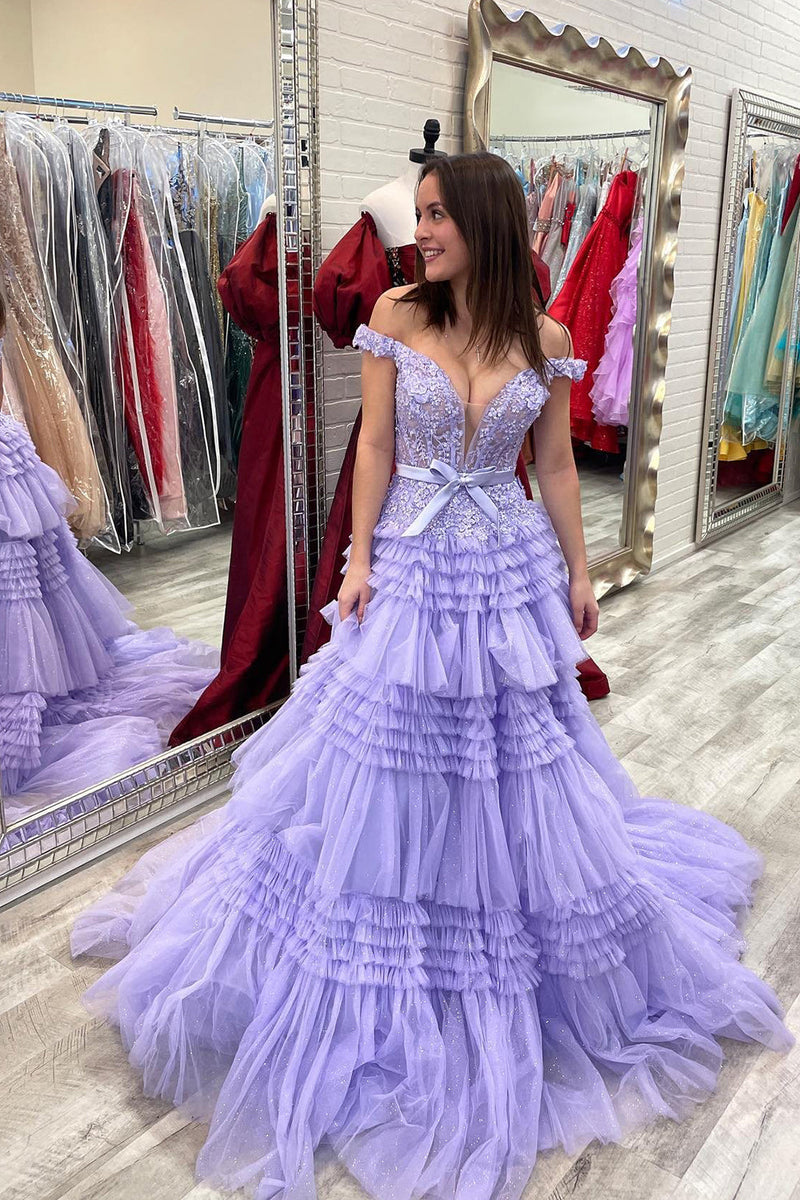 Load image into Gallery viewer, Lavender Off Shoulder Tiered Formal Dress with Lace