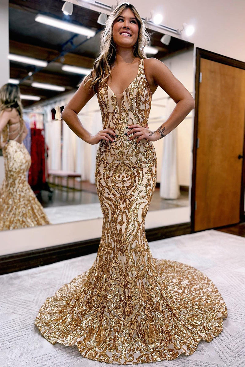 Load image into Gallery viewer, Golden Sequin Sparkly Mermaid Formal Dress