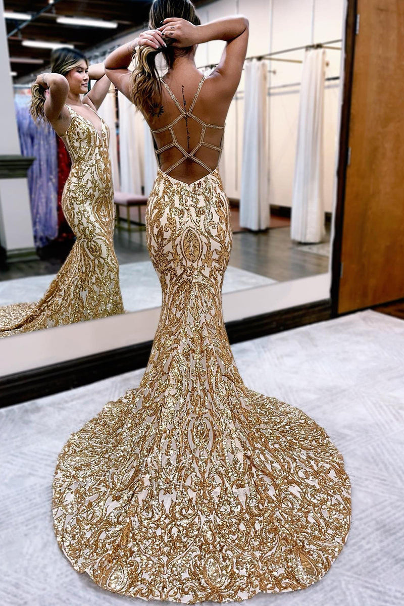 Load image into Gallery viewer, Golden Sequin Sparkly Mermaid Formal Dress