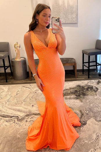 Sparkly Orange Beaded Mermaid Long Formal Dress