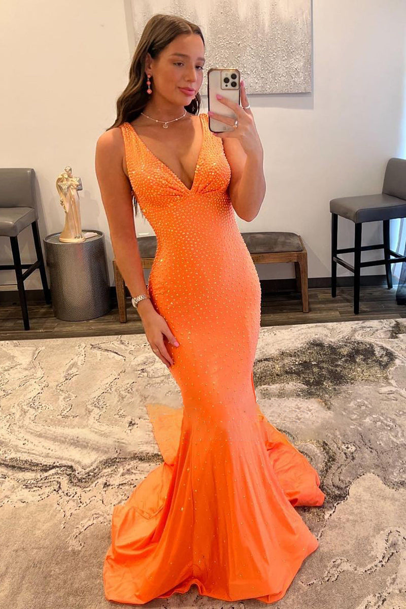 Load image into Gallery viewer, Sparkly Orange Beaded Mermaid Long Formal Dress