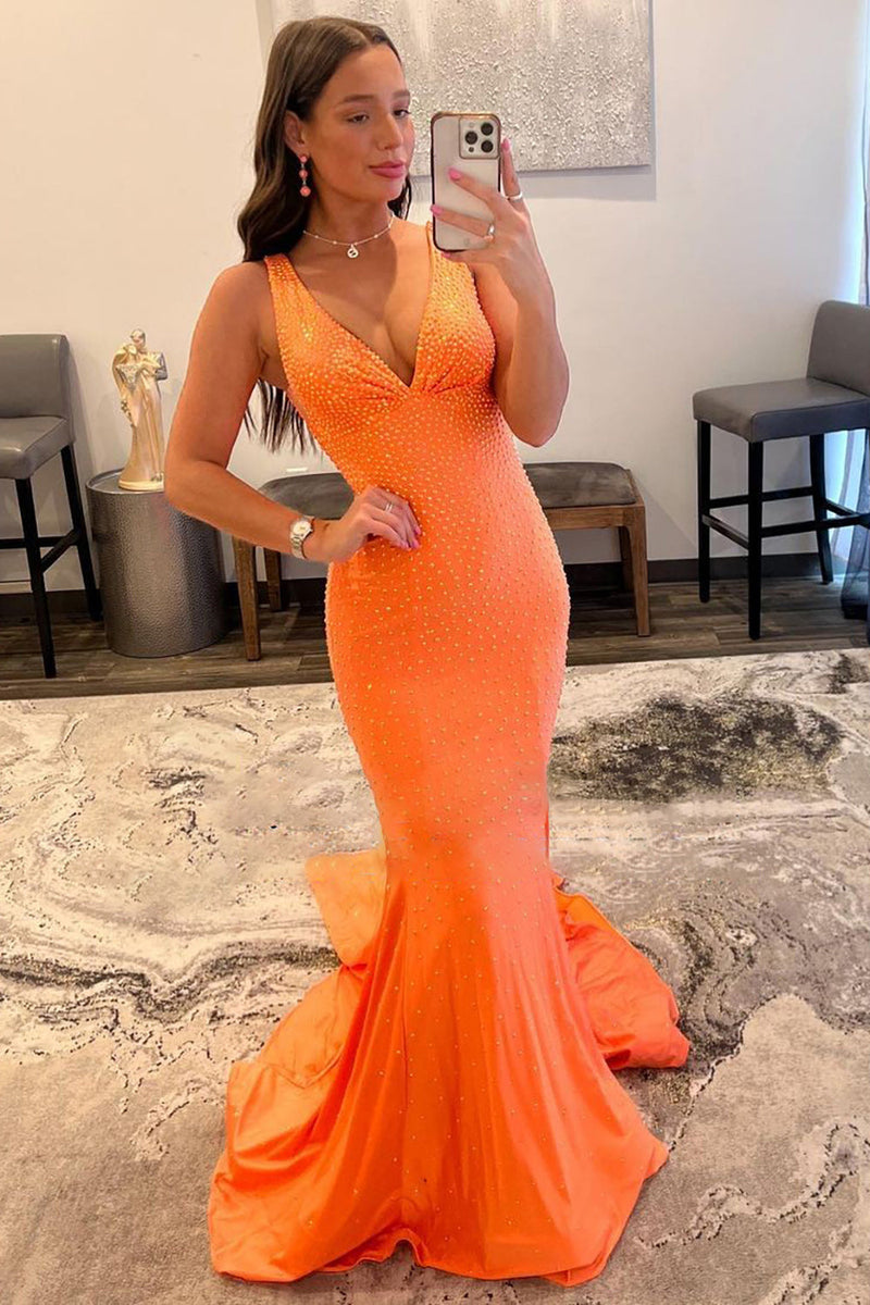 Load image into Gallery viewer, Sparkly Orange Beaded Mermaid Long Formal Dress