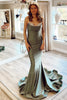 Load image into Gallery viewer, Green Spaghetti Straps Satin Backless Mermaid Formal Dress