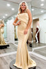 Load image into Gallery viewer, Champagne Satin Formal Dress with Ruffles