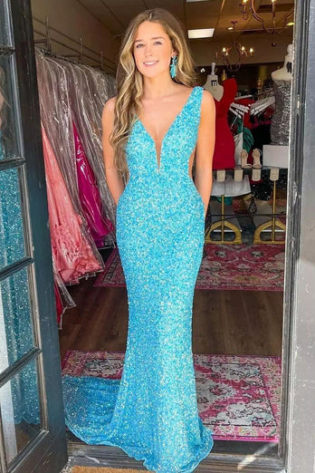 Blue Mermaid Sequin Formal Dress with V-Neck