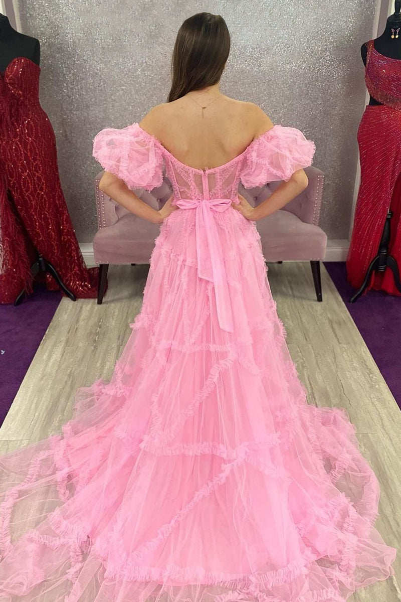 Load image into Gallery viewer, A Line Off the Shoulder Pink Tulle Corset Formal Dress with Bowknot