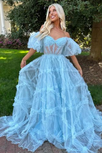 A Line Off the Shoulder Light Blue Tulle Corset Formal Dress with Bowknot