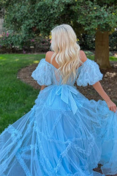 A Line Off the Shoulder Light Blue Tulle Corset Formal Dress with Bowknot