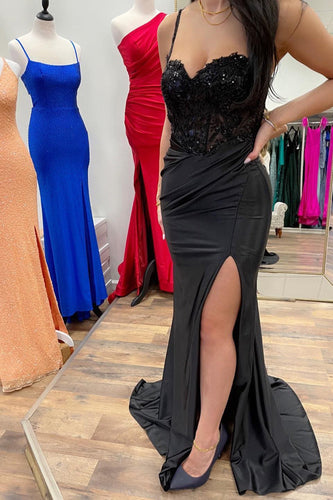 Mermaid Spaghetti Straps Black Long Formal Dress with Split Front