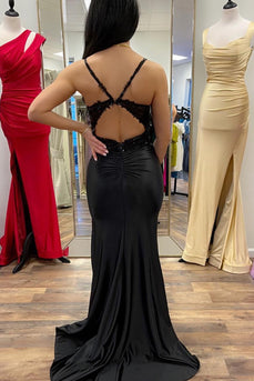 Mermaid Spaghetti Straps Black Long Formal Dress with Split Front