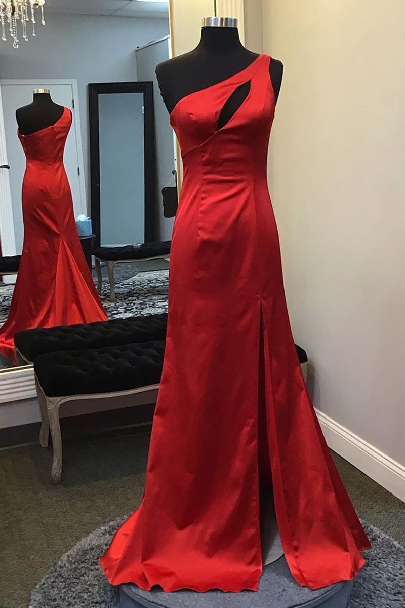 Load image into Gallery viewer, Mermaid One Shoulder Red Long Formal Dress with Keyhole