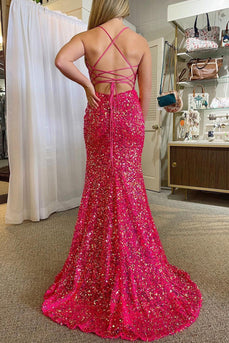 Hot Pink Spaghetti Straps Mermaid Sequined Formal Dress With Slit