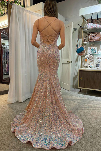 Champagne Mermaid Sequined Backless Formal Dress