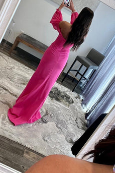 Hot Pink Off The Shoulder Detachale Sleeves Cut Out Formal Dress