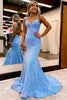 Load image into Gallery viewer, Sparkly Blue Mermaid Sequins Long Backless Formal Dress