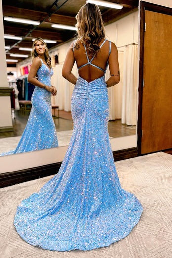 Sparkly Blue Mermaid Sequins Long Backless Formal Dress