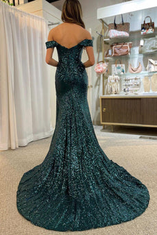 Dark Green Off Shoulder Mermaid Formal Dress with Slit