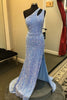 Load image into Gallery viewer, Light Blue One Shoulder Cut-Out Mermaid Long Formal Dress with Fringes