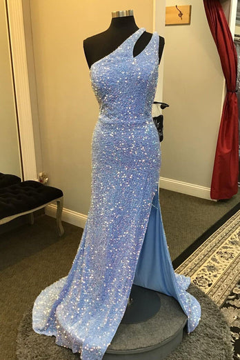 Light Blue One Shoulder Cut-Out Mermaid Long Formal Dress with Fringes