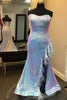 Load image into Gallery viewer, Plus Size Light Blue Sweetheart Mermaid Sequins Long Formal Dress with Feathers