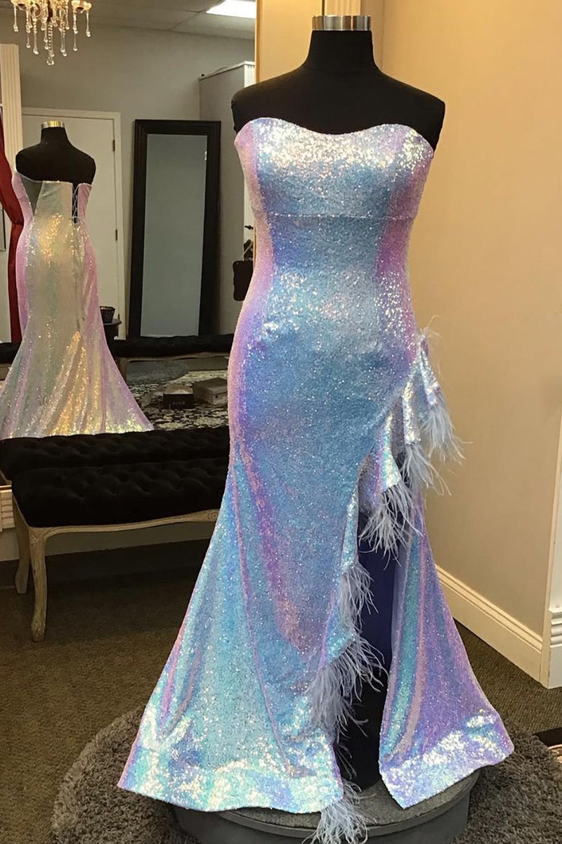 Load image into Gallery viewer, Plus Size Light Blue Sweetheart Mermaid Sequins Long Formal Dress with Feathers