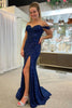 Load image into Gallery viewer, Sparkly Navy Corset Mermaid Sequins Long Formal Dress with Slit