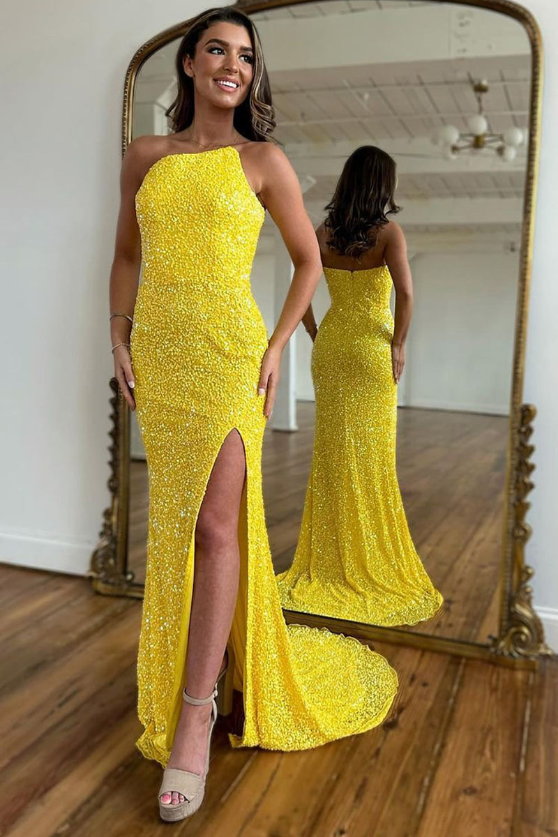 Load image into Gallery viewer, Sparkly Yellow Detachable Straps Mermaid Sequins Formal Dress with Slit