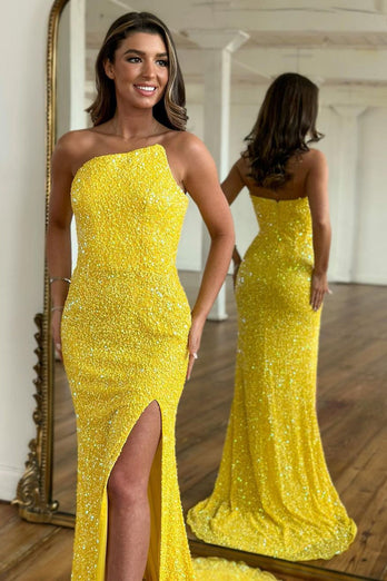 Sparkly Yellow Detachable Straps Mermaid Sequins Formal Dress with Slit