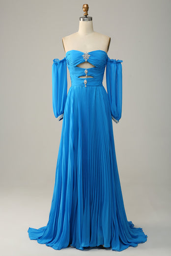 Blue Detachable Sleeves Cut-Out Long Formal Dress with Beading