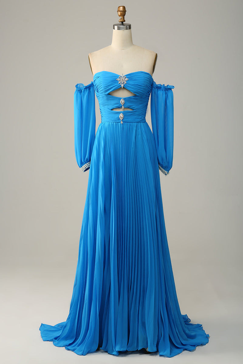 Load image into Gallery viewer, Blue Detachable Sleeves Cut-Out Long Formal Dress with Beading