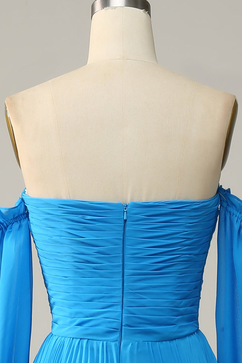 Load image into Gallery viewer, Blue Detachable Sleeves Cut-Out Long Formal Dress with Beading