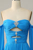 Load image into Gallery viewer, Blue Detachable Sleeves Cut-Out Long Formal Dress with Beading