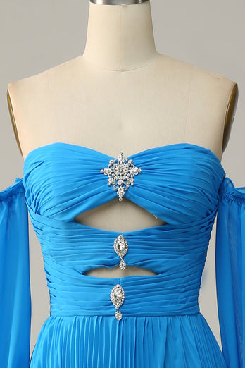 Blue Detachable Sleeves Cut-Out Long Formal Dress with Beading