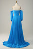 Load image into Gallery viewer, Blue Detachable Sleeves Cut-Out Long Formal Dress with Beading