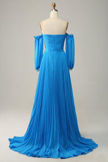 Blue Detachable Sleeves Cut-Out Long Formal Dress with Beading