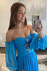 Load image into Gallery viewer, Blue Detachable Sleeves Cut-Out Long Formal Dress with Beading