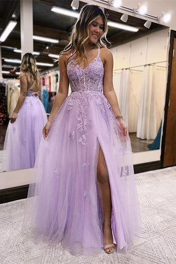 Lilac A-Line Spaghetti Straps Lace Long Formal Dress with Slit