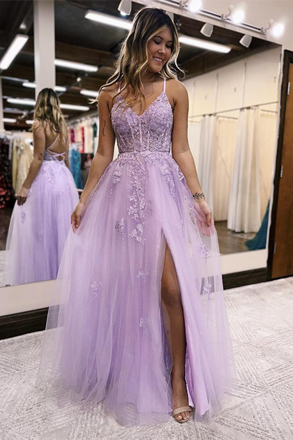 Lilac A-Line Spaghetti Straps Lace Long Formal Dress with Slit