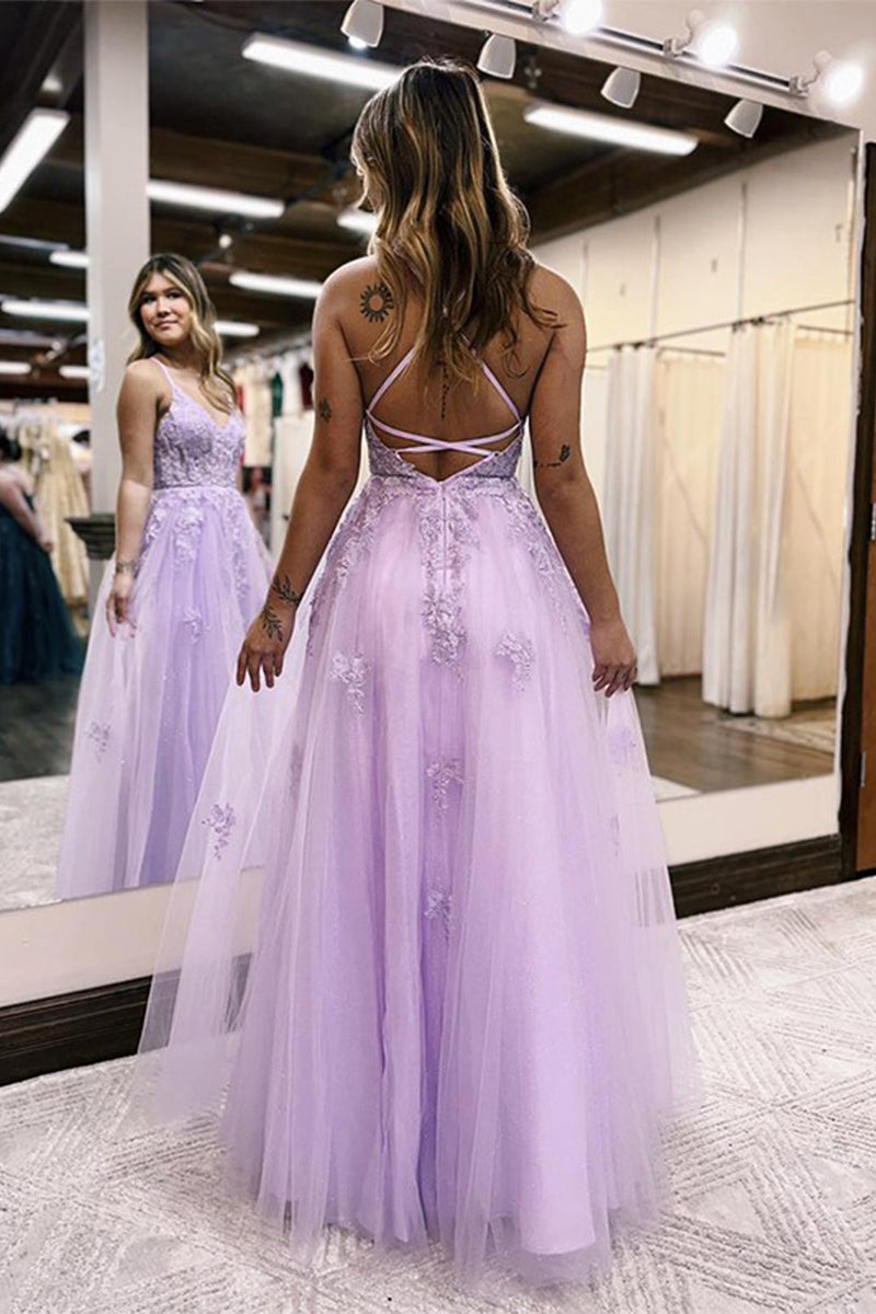 Load image into Gallery viewer, Lilac A-Line Spaghetti Straps Lace Long Formal Dress with Slit