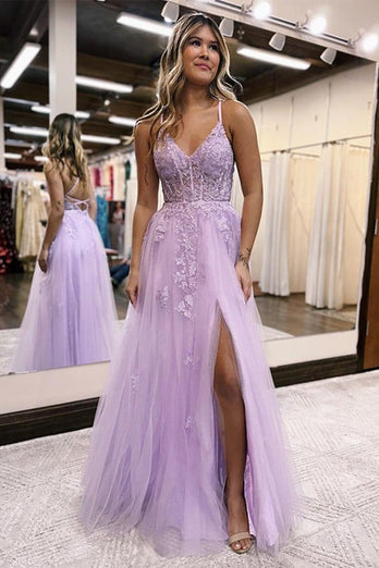 Lilac A-Line Spaghetti Straps Lace Long Formal Dress with Slit