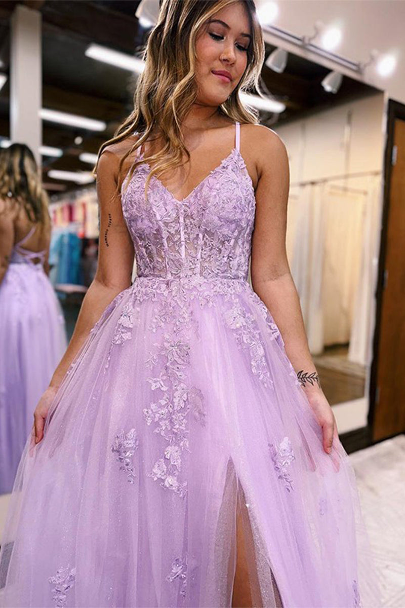 Load image into Gallery viewer, Lilac A-Line Spaghetti Straps Lace Long Formal Dress with Slit