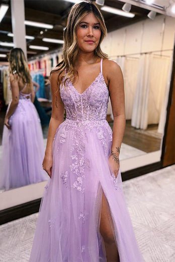 Lilac A-Line Spaghetti Straps Lace Long Formal Dress with Slit